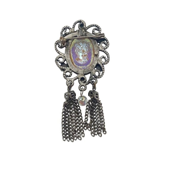 Iridescent Glass Cameo Brooch Intaglio Tassel Dangle Silver Tone Filigree AB Pin - Picture 11 of 13